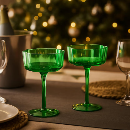 Jade Green Flower Champagne Coupes Set of Two