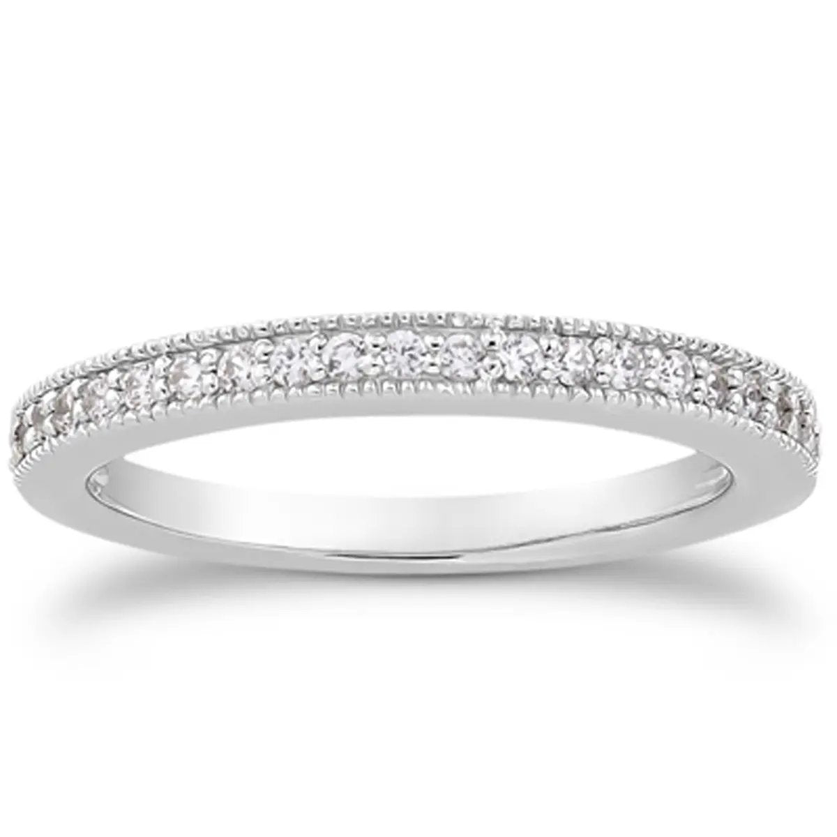 Wedding ring band 14k white gold with pavé diamonds, milgrain edge, half-around design, Bids.com on Tampa Home & Garden Store