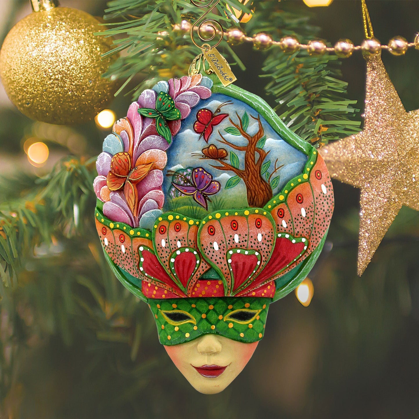Carnival Mask Sculpted Ornament blue base with hand-painted butterfly motif by G. DeBrekht on Tampa Home & Garden Store