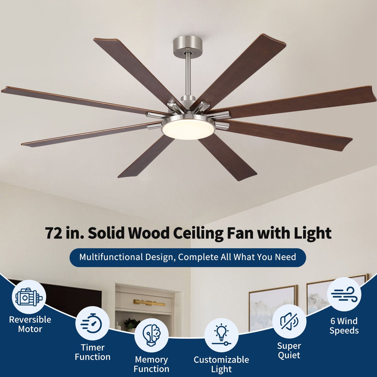 72in solid wood ceiling fan by HouseOfZazla with dimmable LED light, 8 blades, remote on Tampa Home & Garden Store