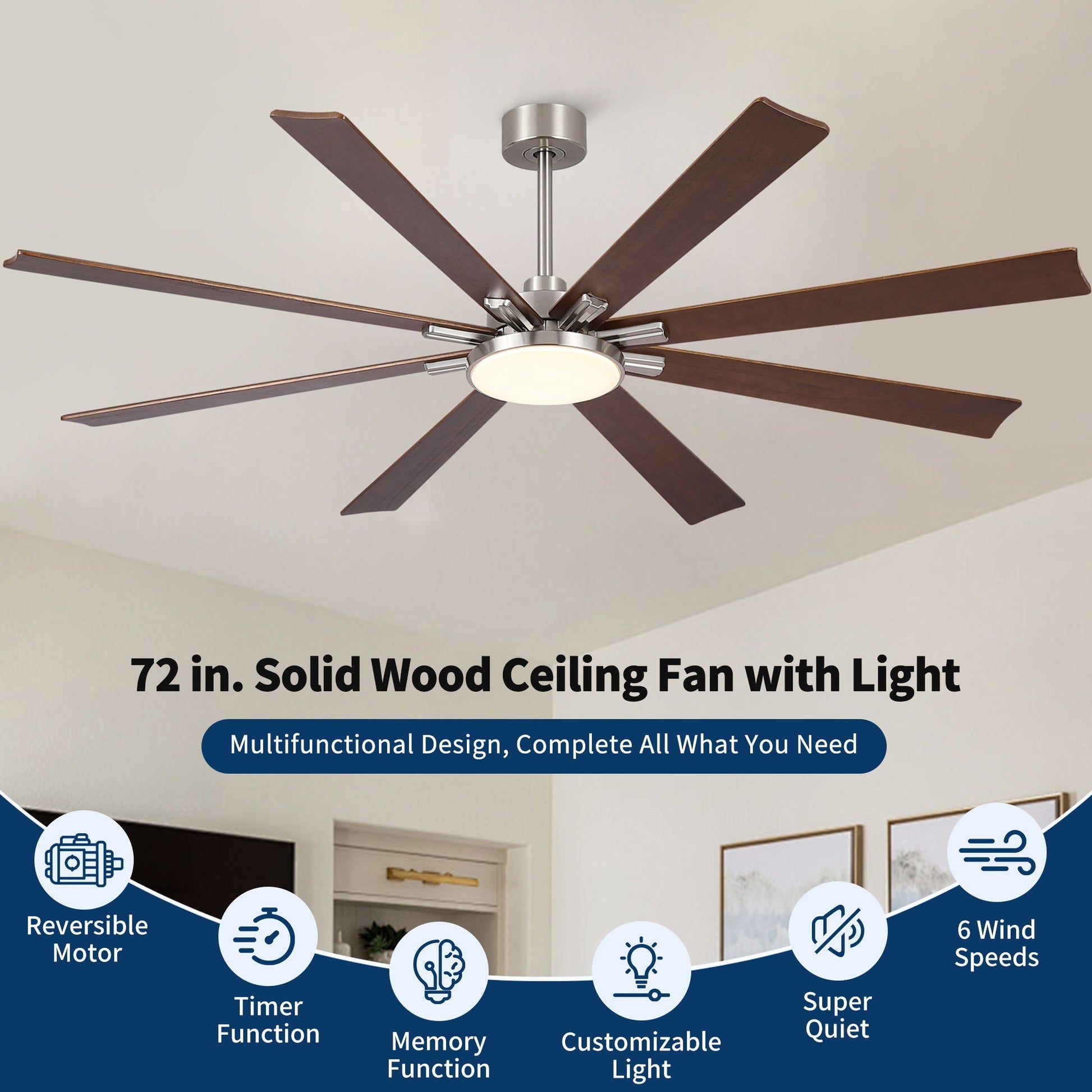 72in solid wood ceiling fan by HouseOfZazla with dimmable LED light, 8 blades, remote on Tampa Home & Garden Store