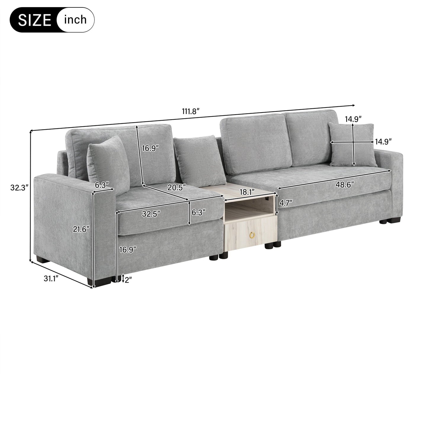 Modular sofa couch with storage armrest and center console in gray fabric by HouseOfZazla stationary on Tampa Home & Garden Store