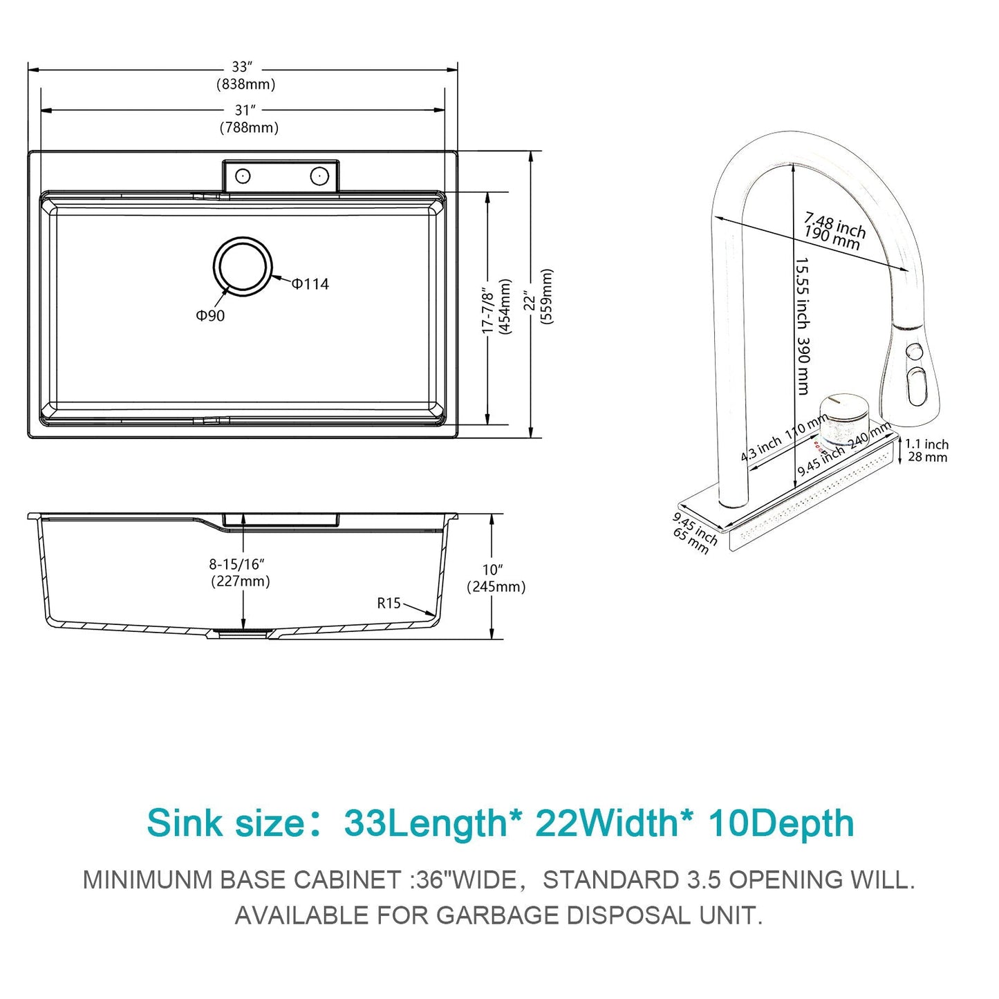 Brushed Waterfall Sink with Faucet and Cup Washer