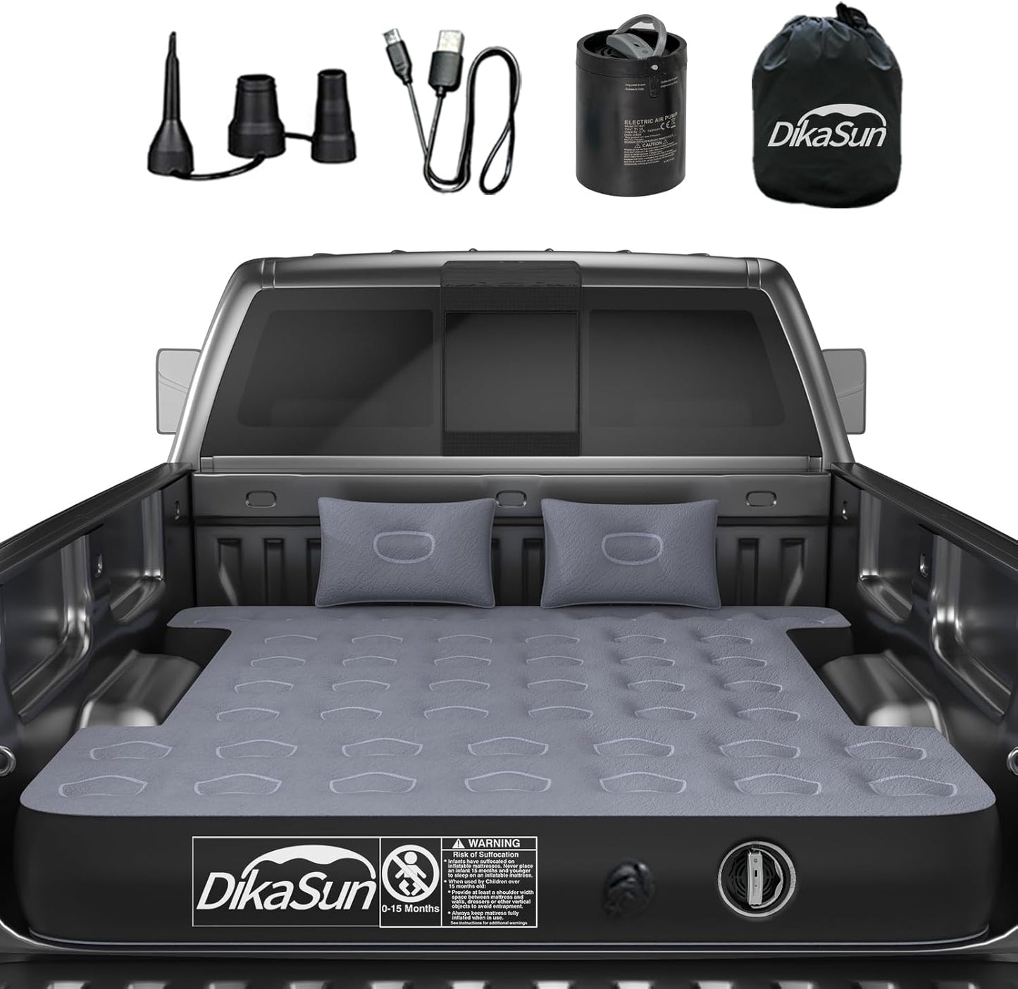 Dikasun Outdoor Toyota 5.5-5.8ft truck bed air mattress with gray surface and two pillows on Tampa Home & Garden Store