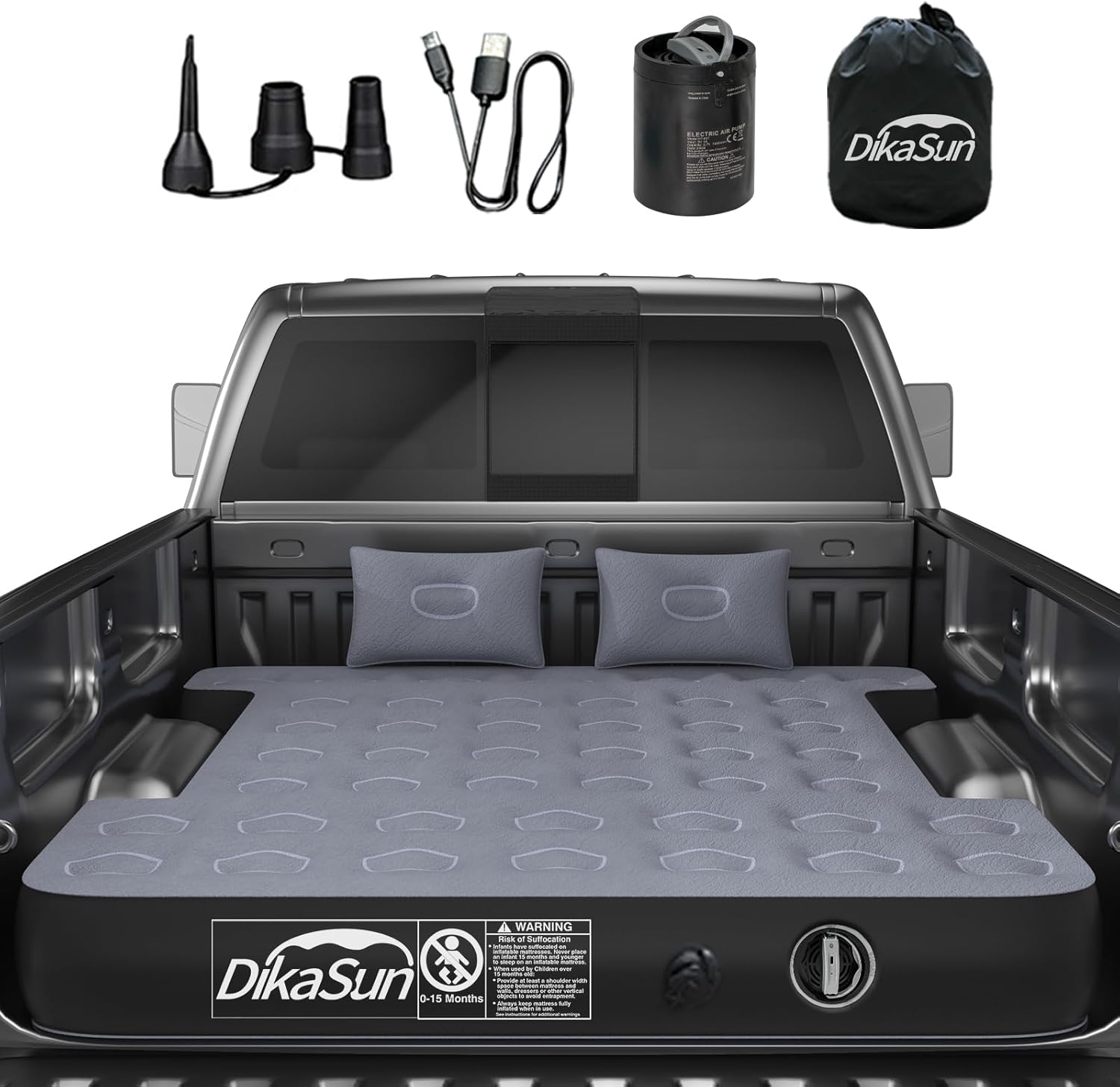 Dikasun Outdoor Toyota 5.5-5.8ft truck bed air mattress with gray surface and two pillows on Tampa Home & Garden Store