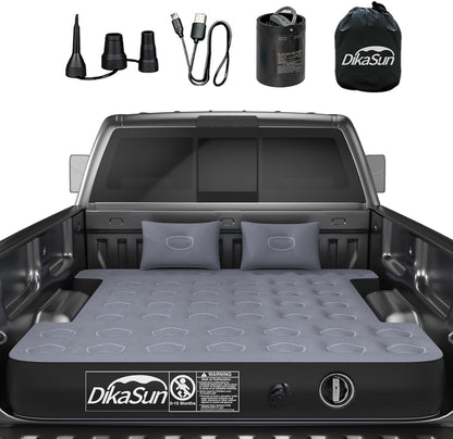 DikaSun GMC truck bed air mattress in grey with pump, USB cables, and bag; fits 5.5–6.5ft beds on Tampa Home & Garden Store