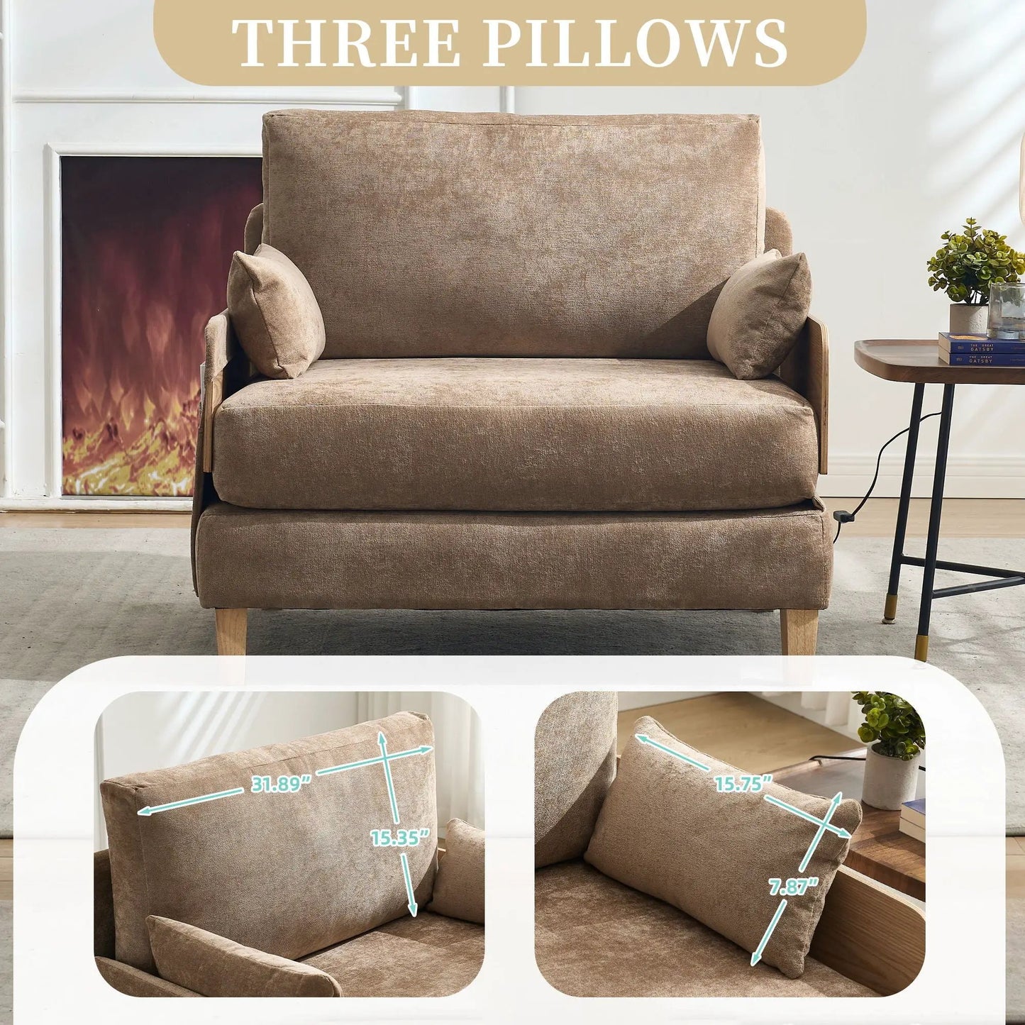 Mid Century Modern Foldable Sofa Bed, 3 Pillows