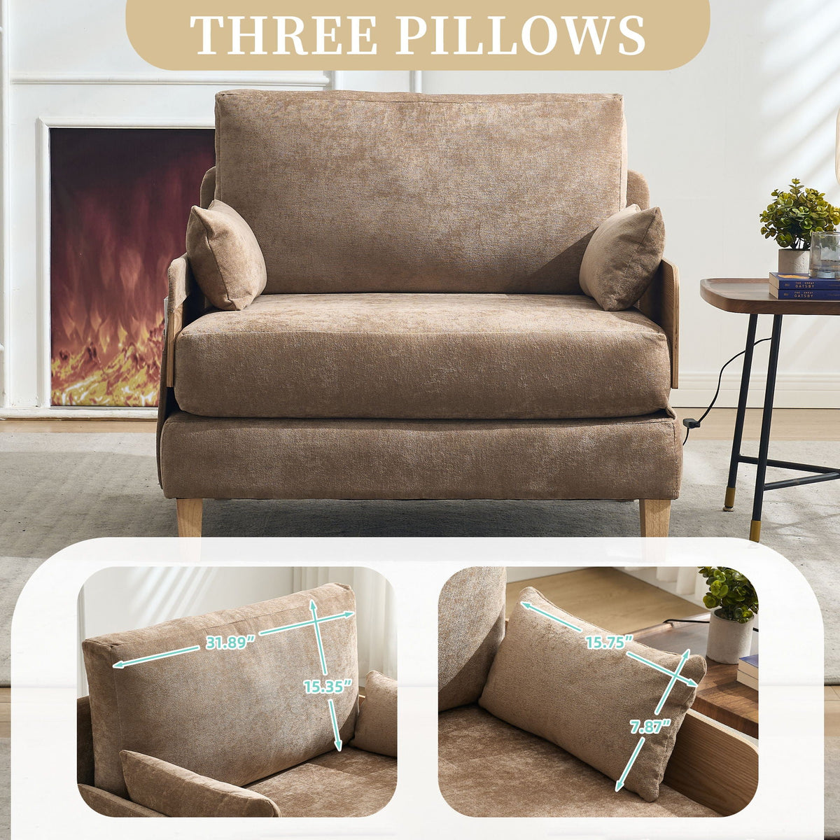 Mid Century Modern 3 Pillow Foldable Sofa Bed