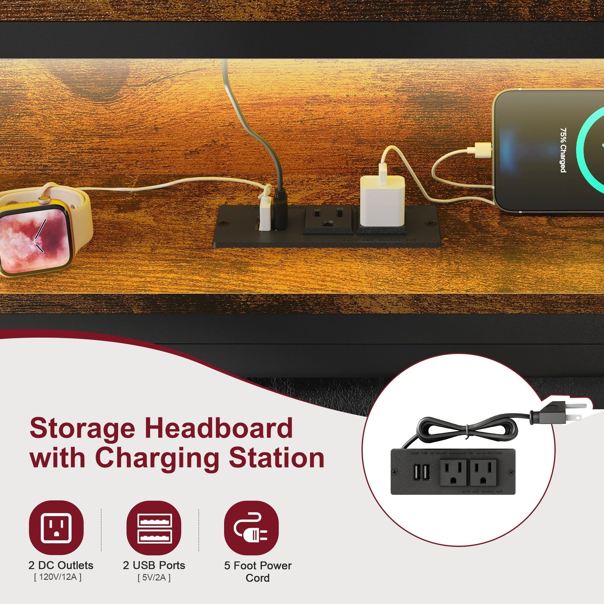 Storage Headboard with Charging Station featuring power strip, USB ports on Tampa Home & Garden Store