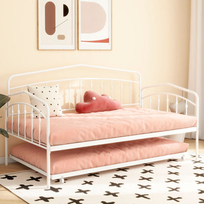 Fox Daybed with Twin Trundle by HouseOfZazla, white metal frame, pink bedding, heart pillow on Tampa Home & Garden Store