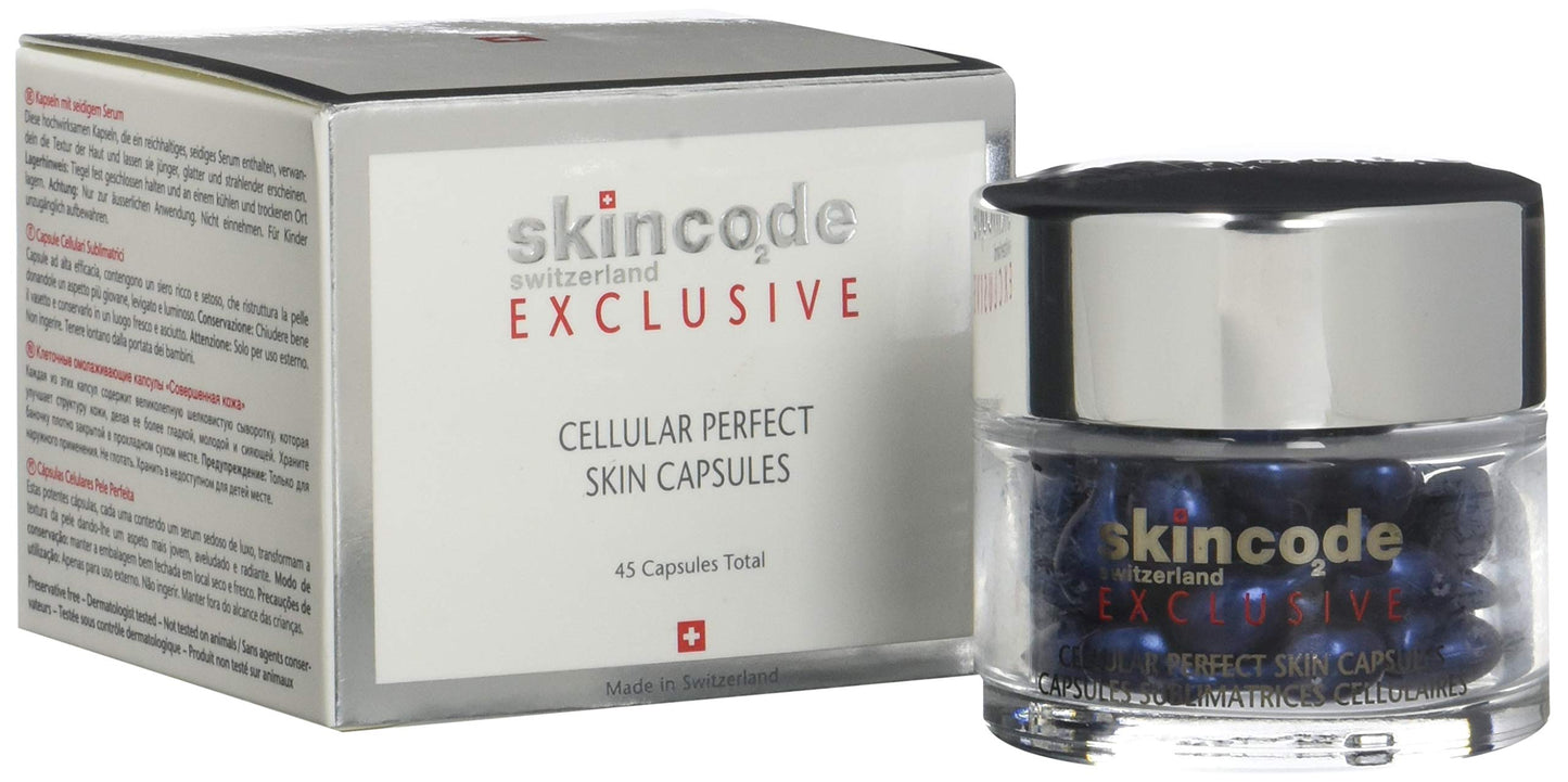 Skincode Cellular Perfect Skin Capsules box and blue jar set with EXCLUSIVE label, 45 capsules on Tampa Home & Garden Store