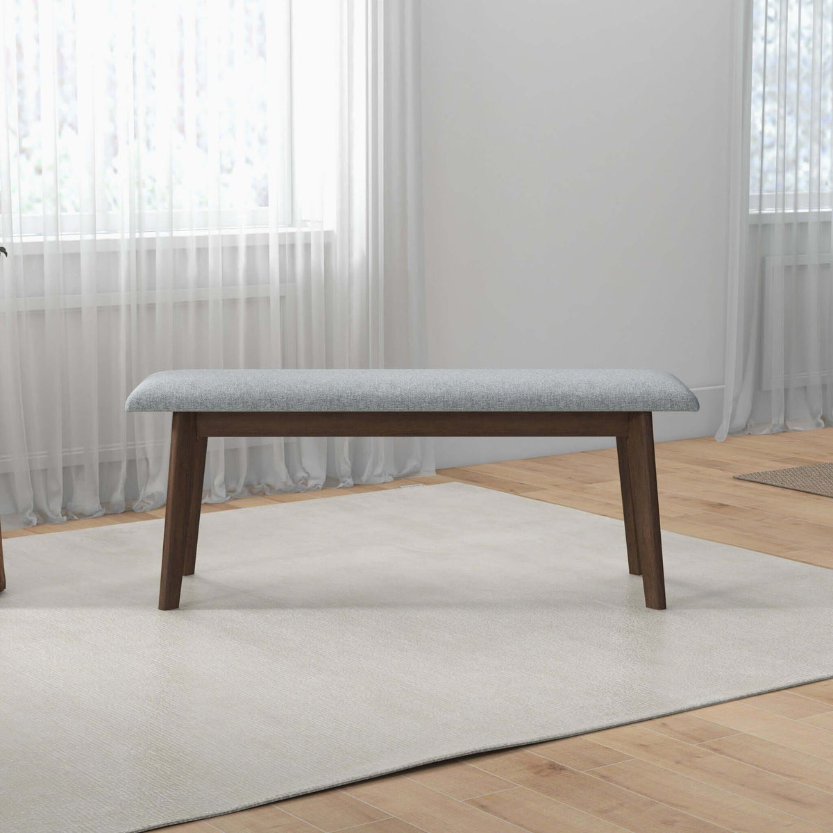 Carlos Upholstered Bench with gray high-density foam cushion, wooden legs on Tampa Home & Garden Store