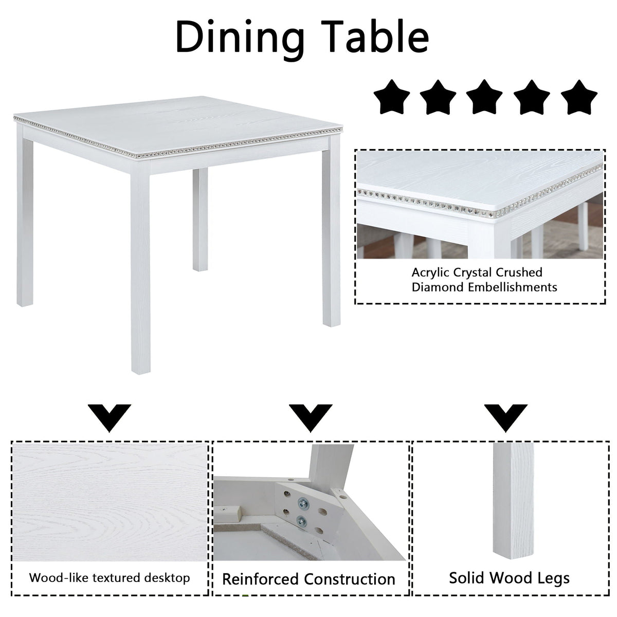 5-piece dining table set with crystal-embellished edge and upholstered chairs in gray or white finish on Tampa Home & Garden Store