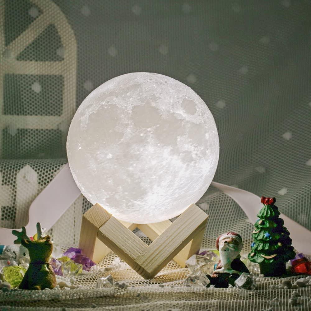 Moon Lamp Stevvex night light on wooden stand, 3D-printed white sphere USB touch control on Tampa Home & Garden Store