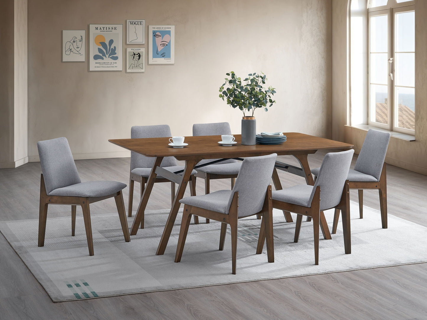 Seven Piece Walnut Dining Table and Side Chairs