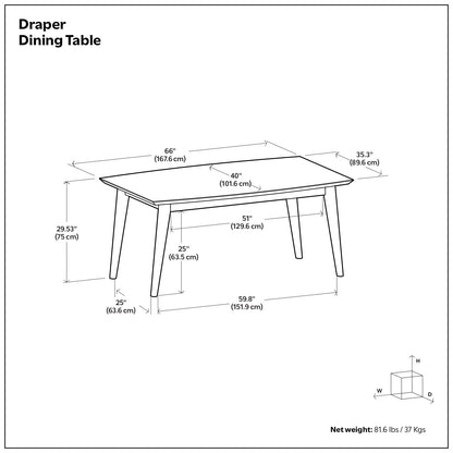 Rectangular dining table in light or dark brown with tapered legs and dimensioned schematic on Tampa Home & Garden Store
