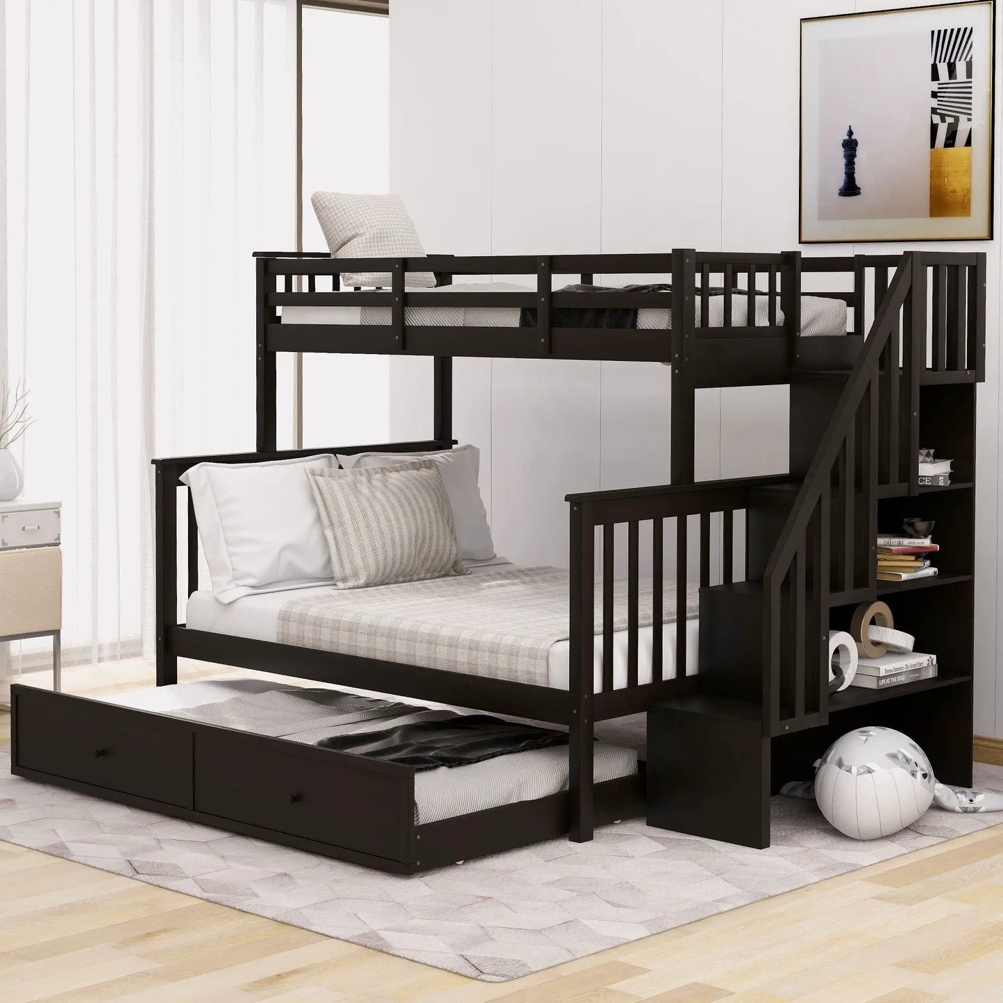 Bunk Bed with Twin Size Trundle and Guard Rail