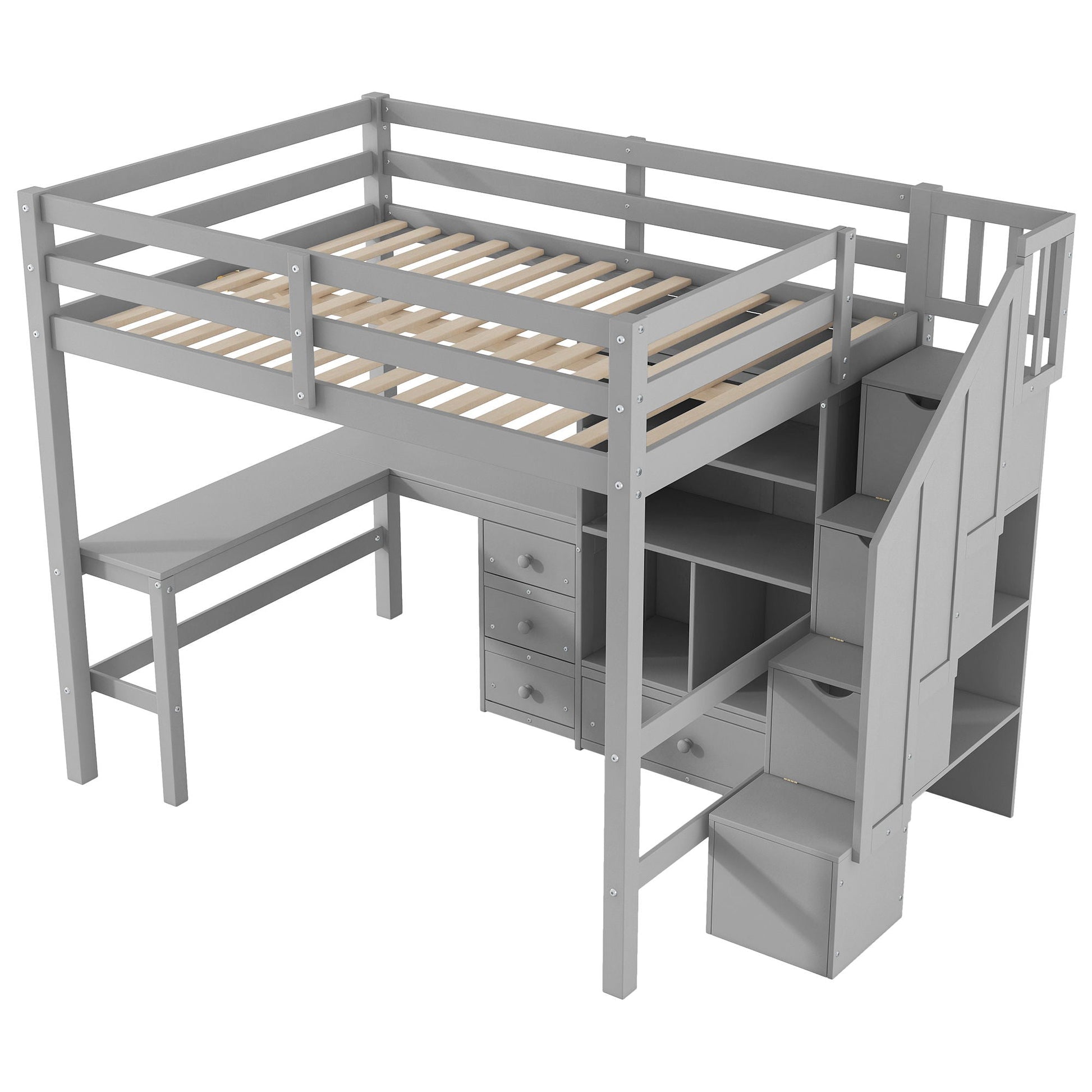 HouseOfZazla gray loft bed with L-shaped desk and storage stairs on Tampa Home & Garden Store