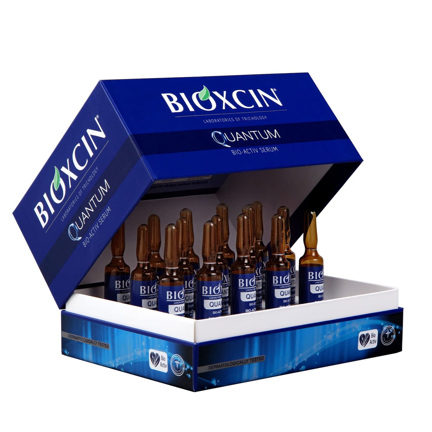 Bioxcin Quantum Bio-Active Serum display in blue packaging with 15 brown ampoules on Tampa Home & Garden Store