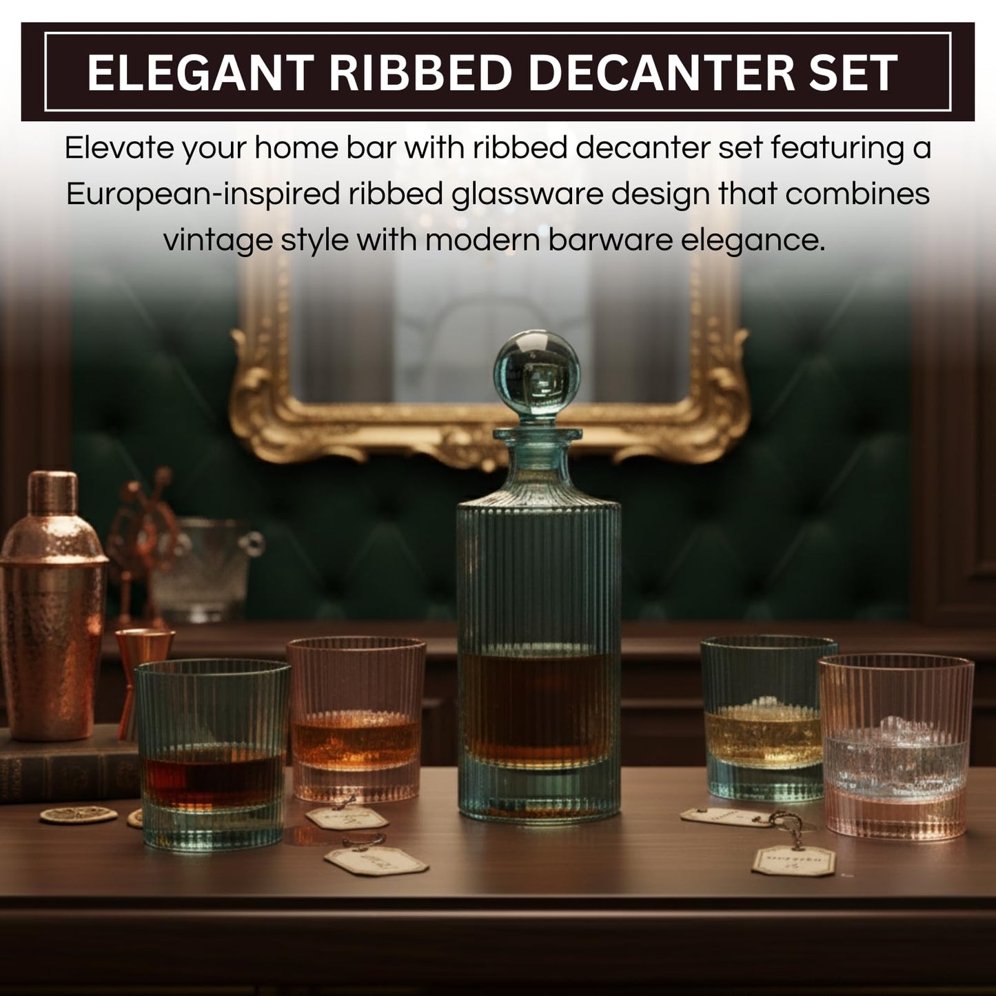 Ribbed Glass Decanter Set and 4 Whiskey Glasses
