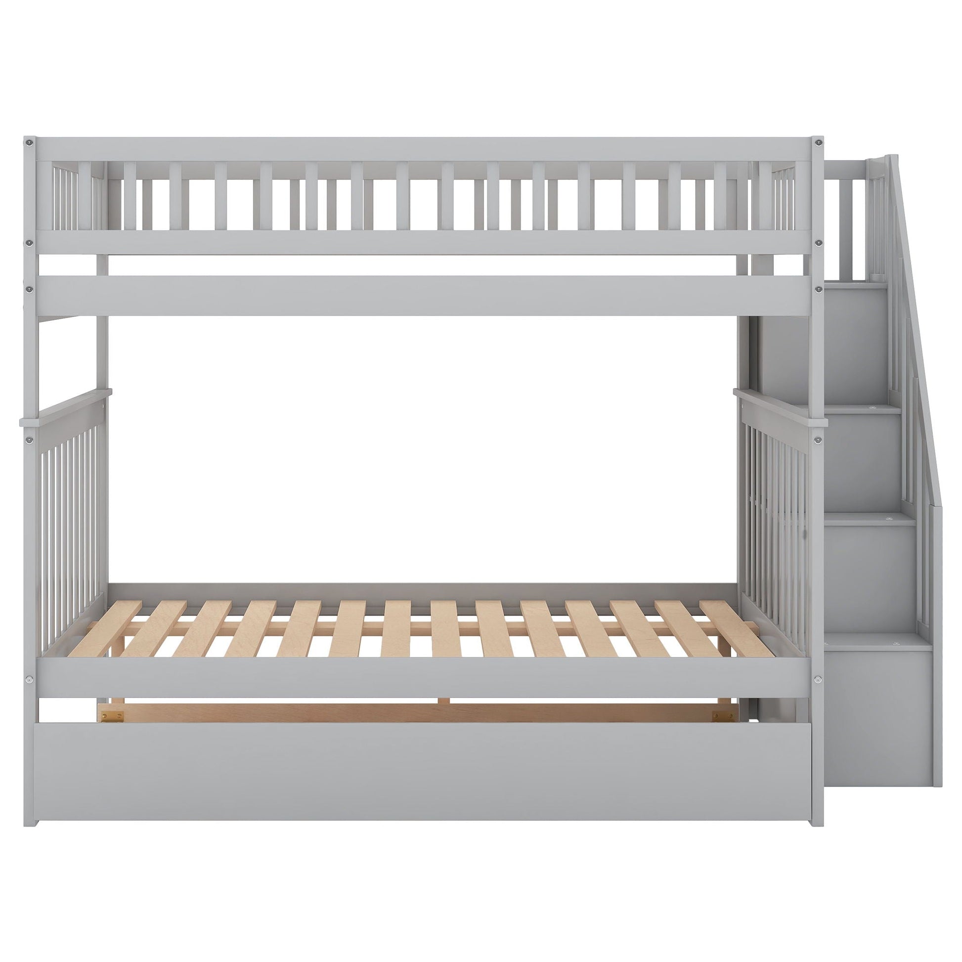 Bunk bed with staircase gray finish by HouseOfZazla, two-level with slatted upper and lower beds on Tampa Home & Garden Store