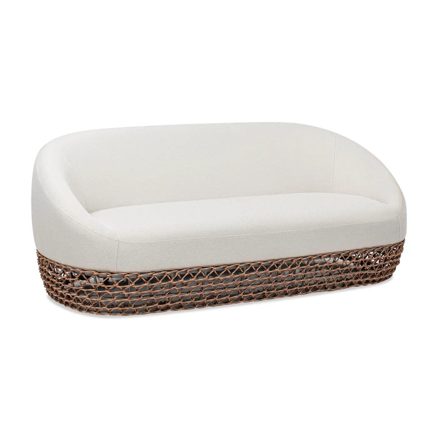 Willow - Upholstered Patio Deep Seating Sofa beige fabric with woven wicker base on Tampa Home & Garden Store