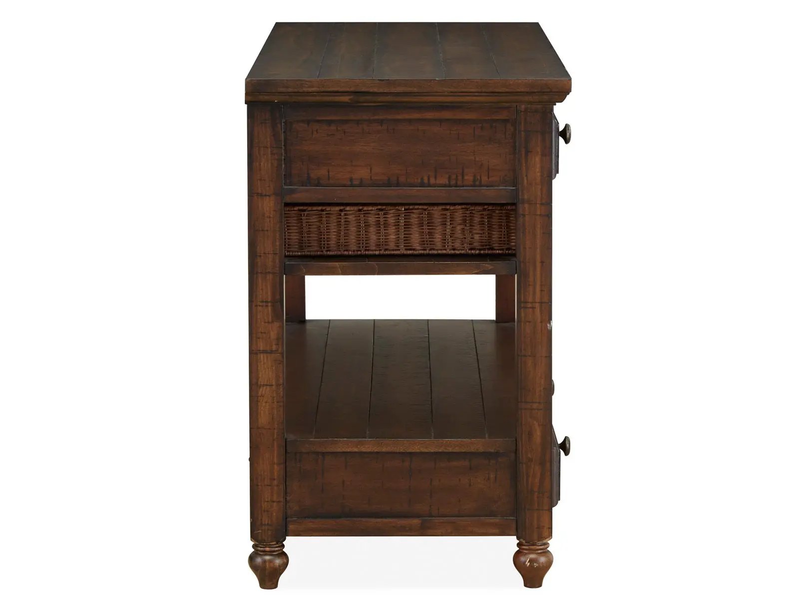 Cottage Lane wood sofa table Coffee with woven basket shelf and dark wood legs on Tampa Home & Garden Store