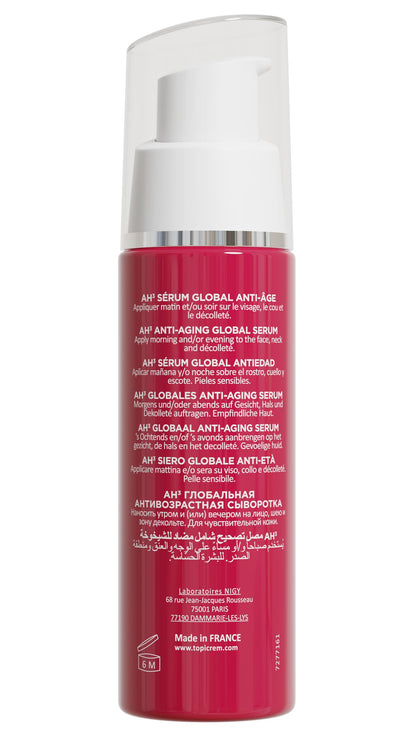 Face serum Topicrem AH3 Global Anti-Aging Serum bottle, red container with white pump on Tampa Home & Garden Store