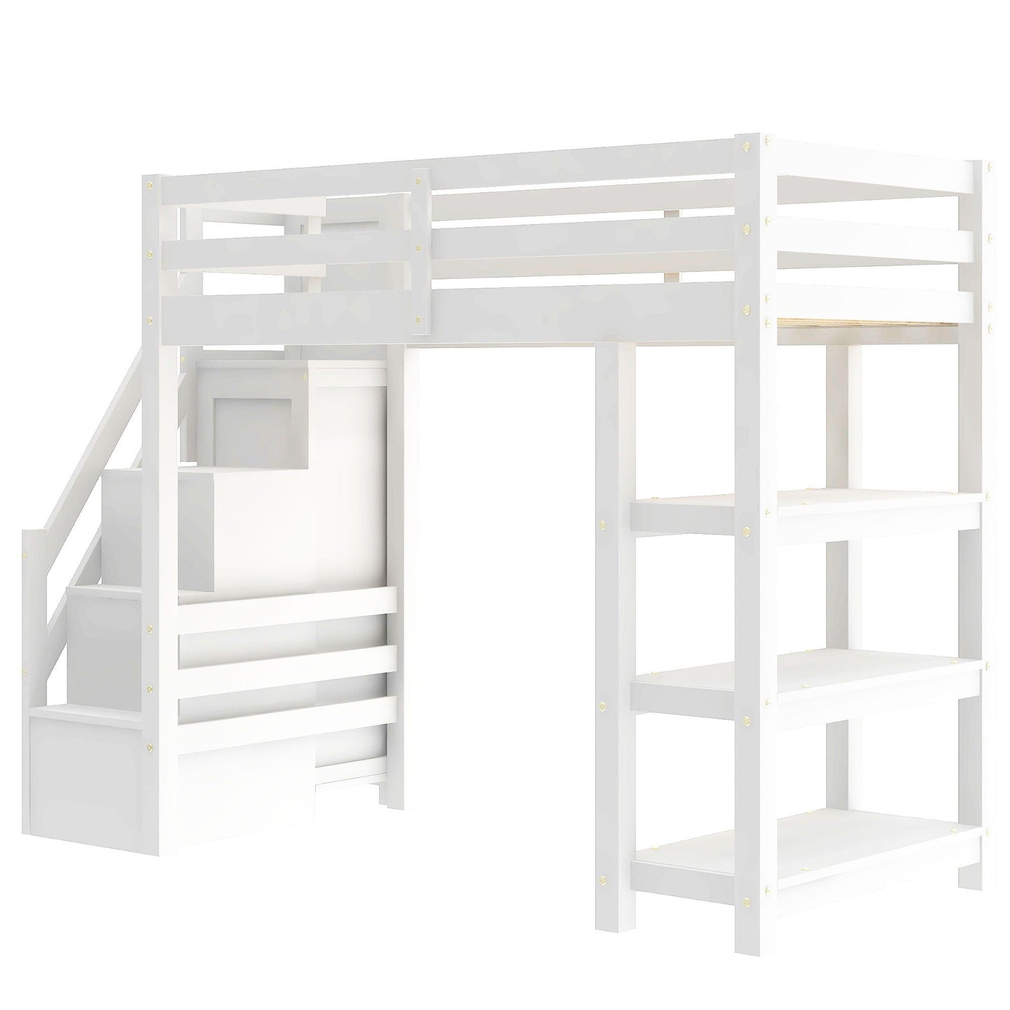 Loft bed with 4-layer shelves, storage staircase, wardrobe, and LED lighting in white on Tampa Home & Garden Store