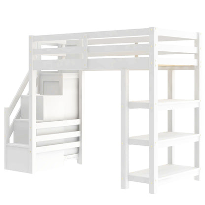 Loft bed with 4-layer shelves, storage staircase, wardrobe, and LED lighting in white on Tampa Home & Garden Store