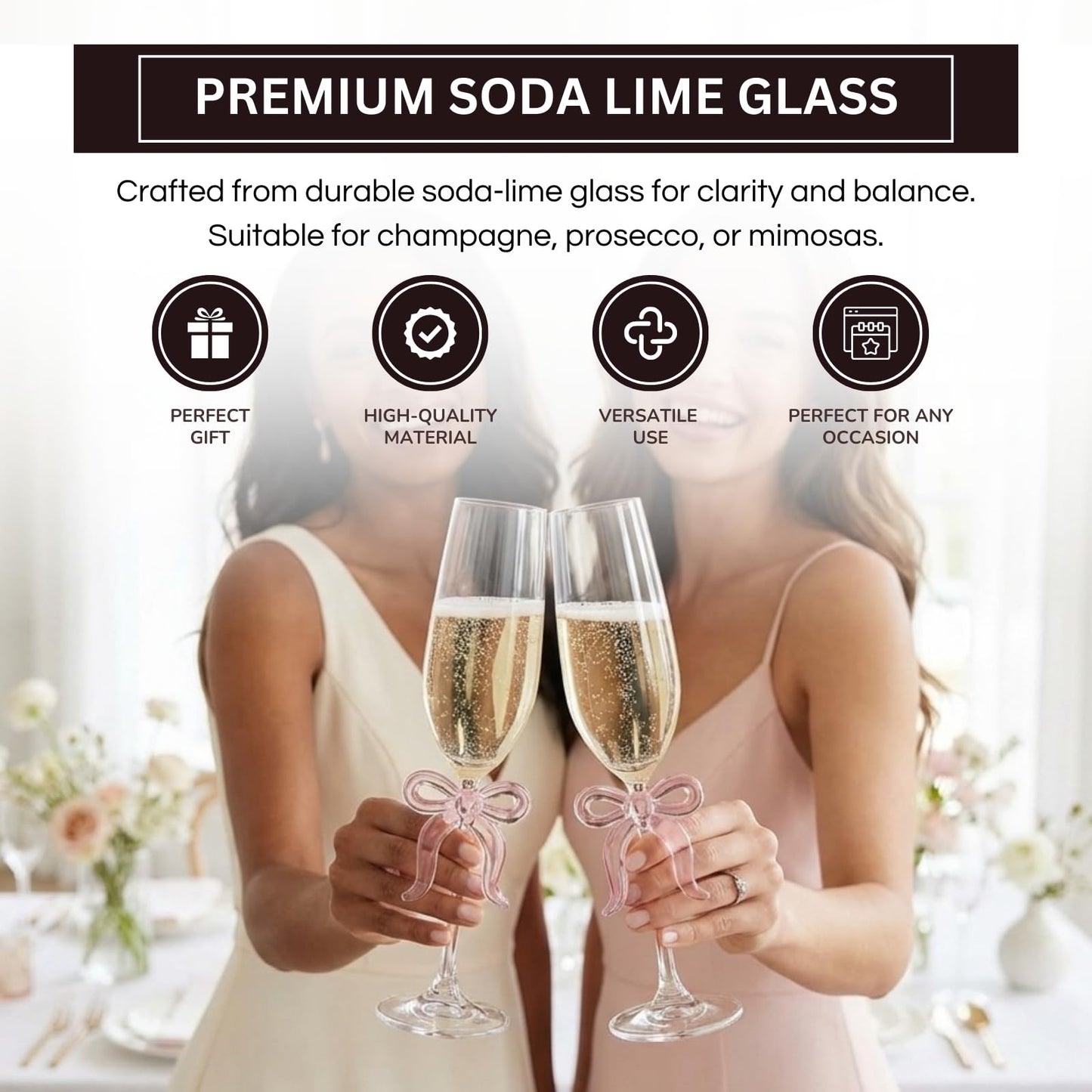 Two Clear Champagne Glasses and a Pink Bow Set