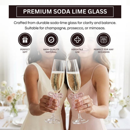Two Clear Champagne Glasses and a Pink Bow Set