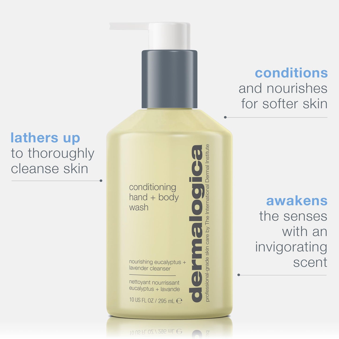 Dermalogica conditioning body wash bottle with white pump and pale yellow liquid on Tampa Home & Garden Store