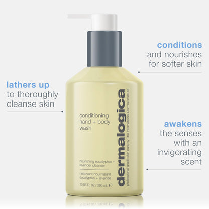 Dermalogica conditioning body wash bottle with white pump and pale yellow liquid on Tampa Home & Garden Store