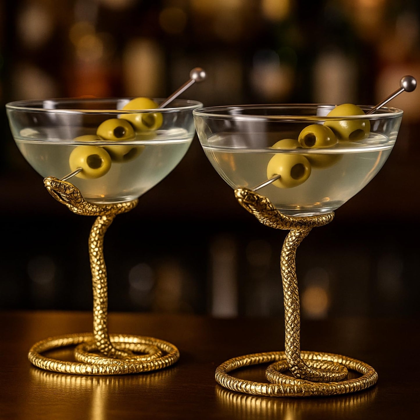 Gold Snake Serpent and Cocktail Glasses Set