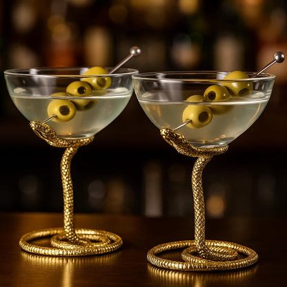 Gold Snake Serpent and Cocktail Glasses Set