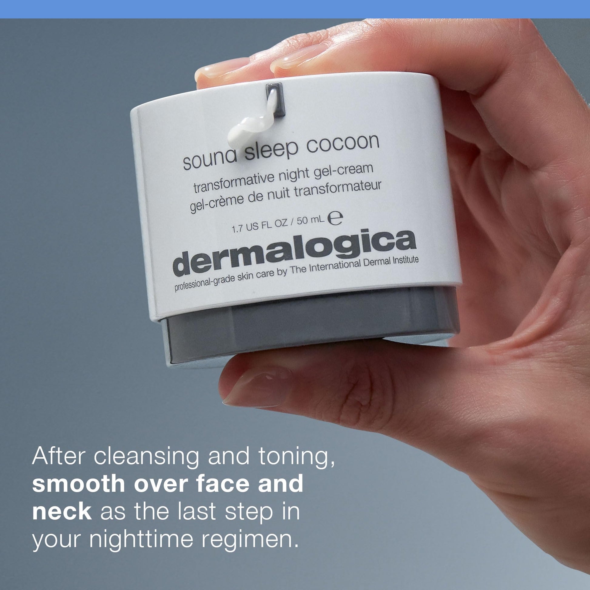 Dermalogica Sound Sleep Cocoon Night Gel-Cream jar; white container with visible gel on lid on Tampa Home & Garden Store