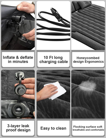 Umbrauto 63in SUV air mattress black with quick inflate pump and 2 pillows, honeycomb surface on Tampa Home & Garden Store