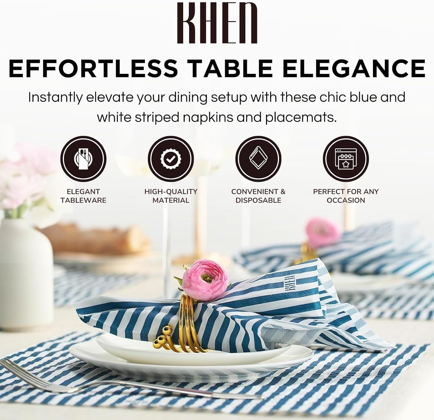 Blue Striped Disposable Paper Napkins Set of 50
