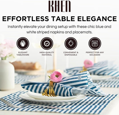 Blue Striped Disposable Paper Napkins Set of 50