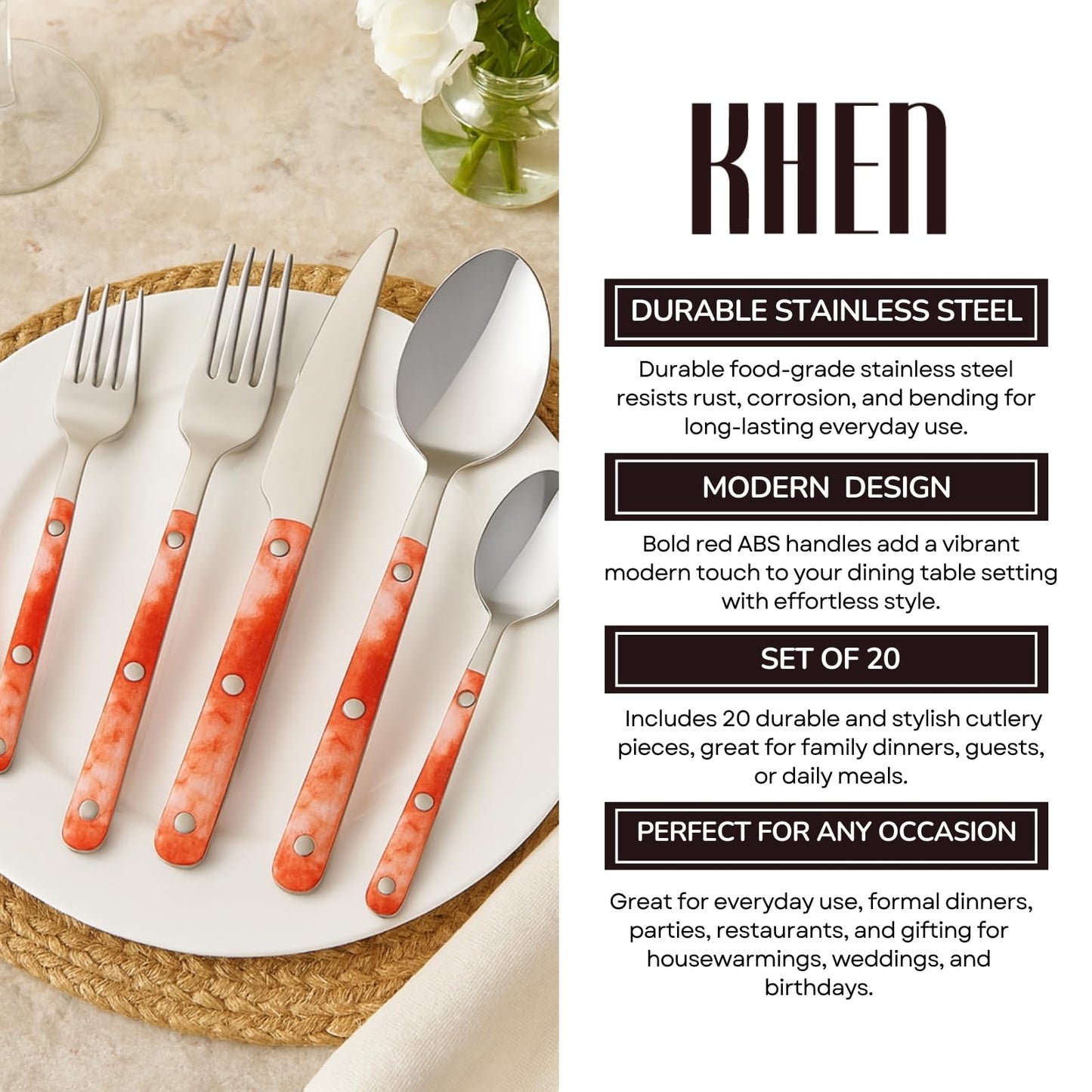 20 Piece Stainless Steel Cutlery Set Red Pattern