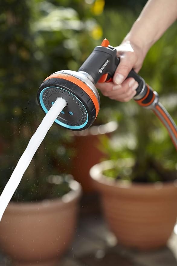 Gardena Premium Multi Sprayer hose nozzle with orange and blue accents, five spray patterns on Tampa Home & Garden Store