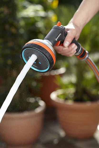 Gardena Premium Multi Sprayer hose nozzle with orange and blue accents, five spray patterns on Tampa Home & Garden Store
