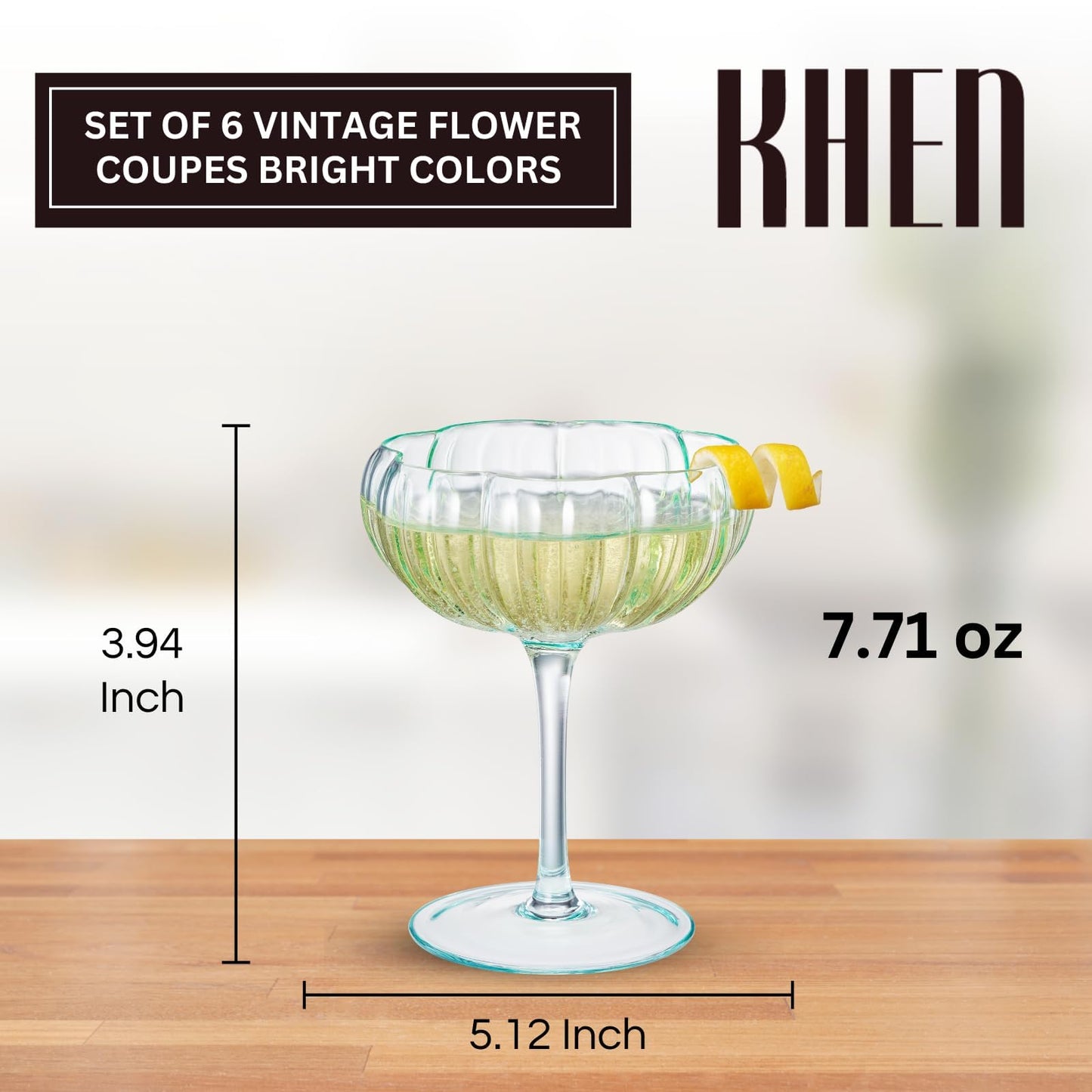 Set of six bright flower coupe cocktail glasses