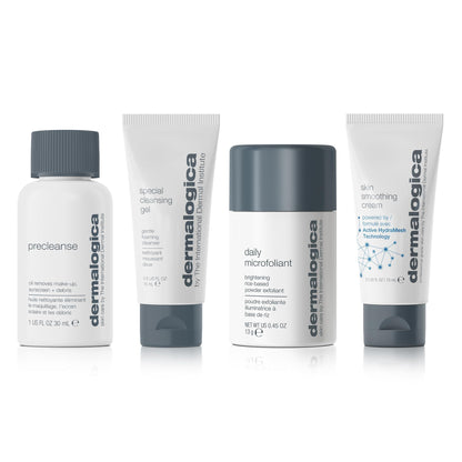 Dermalogica travel-sized exfoliating skincare set with white tubes and blue jar on Tampa Home & Garden Store