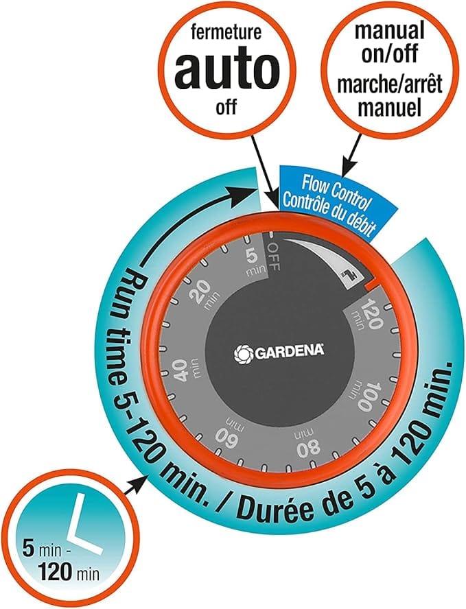 Mechanical Water Timer with Flow Control by Gardena for sprinkler controls; dial, orange ring on Tampa Home & Garden Store