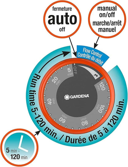 Mechanical Water Timer with Flow Control by Gardena for sprinkler controls; dial, orange ring on Tampa Home & Garden Store