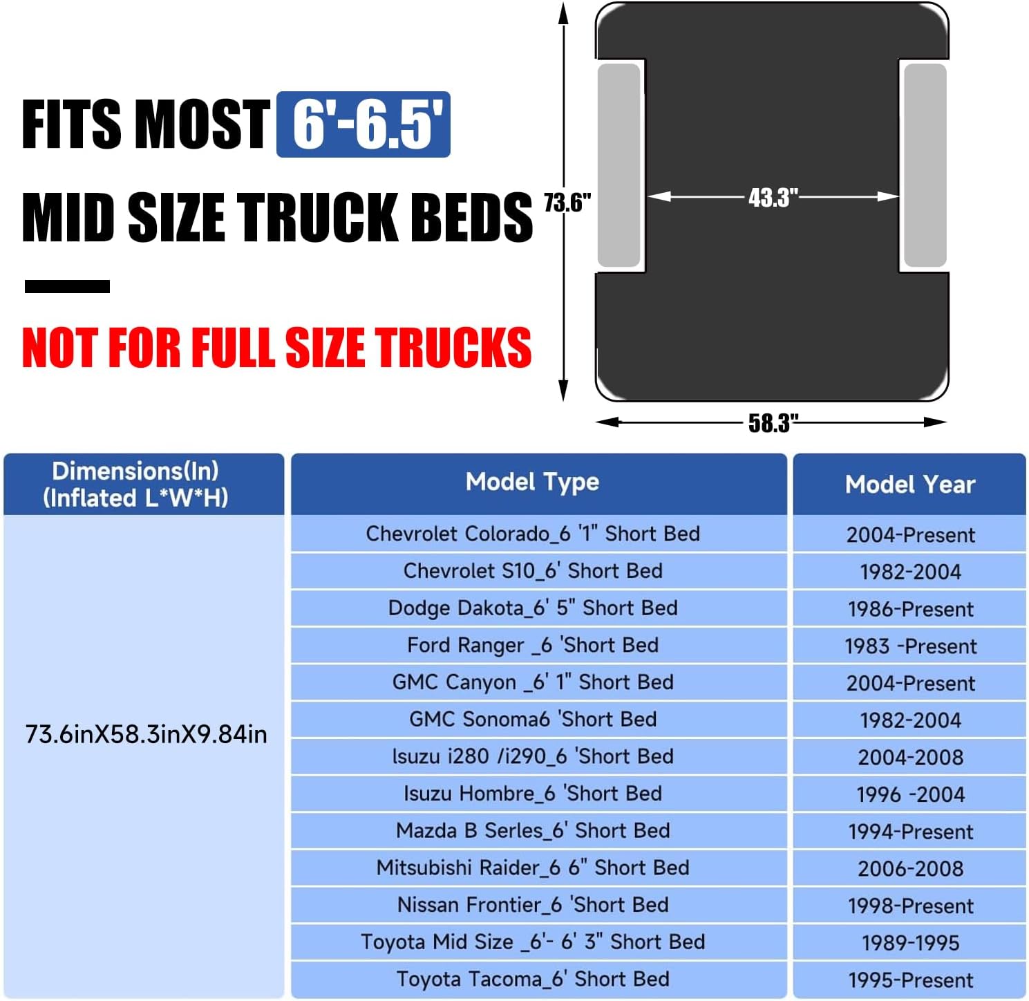 DikaSun 6-6.5 ft mid-size pickup truck bed air mattress, black, fits most mid-size truck beds on Tampa Home & Garden Store
