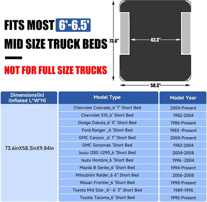 DikaSun 6-6.5 ft mid-size pickup truck bed air mattress, black, fits most mid-size truck beds on Tampa Home & Garden Store