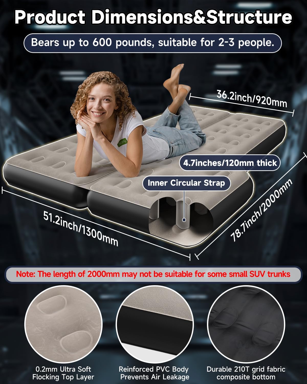 Umbrauto SUV Back Trunk Air Mattress 3.0 in khaki grey with soft flocking top on Tampa Home & Garden Store